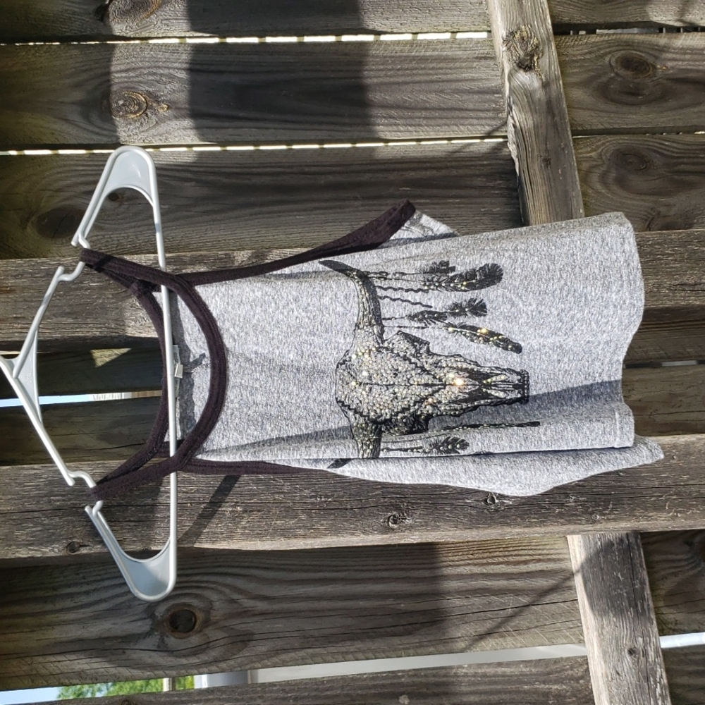 Cropped Tank Top w/ Cow Skull & Feathers Gold Rhinestones Super Cool Size XL
